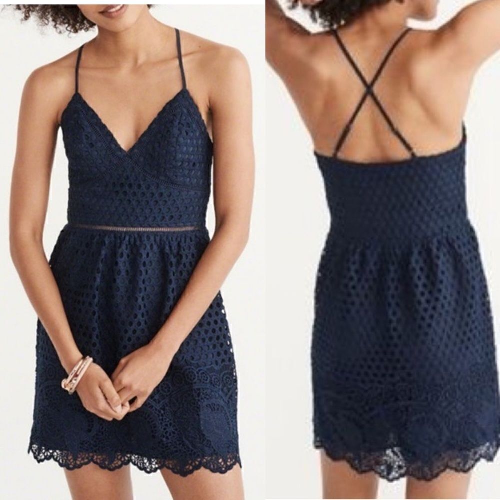 💙 New Abercrombie & Fitch Navy Crochet Mini Dress A&F Dress Small
